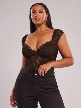 SHEIN BAE Plus Size Women's Black Short Sleeve Bodysuit, Sexy & Elegant Blouse Bodysuit, Commuter Bodysuit, Hottie Bodysuit, Young Fashionable Bodysuit, Lace Trim Bodysuit, Beach Vacation Bodysuit, Outdoor, Outings, Afternoon Tea, Everyday, Y2K/ Lace Bodysuit/ Bodysuits For Women Plus/ Plus Size Lace Bodysuit