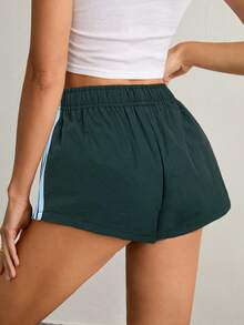 SHEIN Tall 女士侧条纹松紧腰休闲宽松短裤夏季女士短裤 - 藍色 - 查看 2