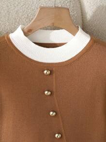 GlowEve Elegante suéter plisado de dos en uno con bloques de color, jersey de punto para otoño/primavera - Caqui - Ver 3