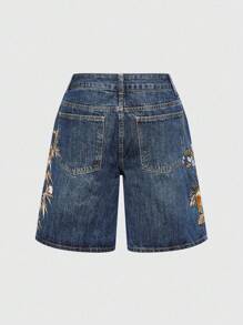 ROMWE Avant 男女皆宜的复古街头风中国虎纹花卉刺绣宽松阔腿低腰牛仔裤 - 淺藍色 - 查看 2