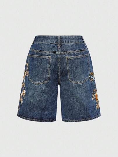 ROMWE Avant Unisex Retro Street-Style Chinese Tiger & Floral Embroidery Loose Wide-Leg Low Waist Jeans