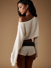 MISSGUIDED 华夫格针织露肩短款上衣长袖冬季时尚纽扣袖口细节舒适宽松针织衫秋季休闲分层基本休闲服 - 白色 - 查看 2