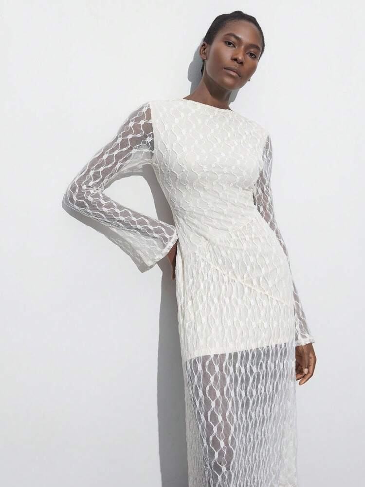 SHEIN Maija Women's White Lace Versatile Modern Comfortable Tight Waist Rouched Bust Tie Front Midi Dress, Elegant Lady Holiday Outfit Boho Bohemian