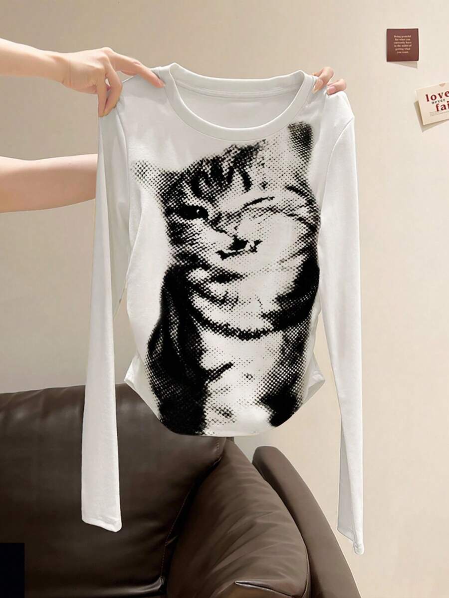 女式可爱猫咪印花修身长袖T恤 - 白色 - 查看 1