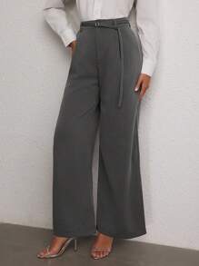 Modelyn 1 件灰色阔腿裤，带侧袋和 D 形环腰带 - 灰色 - 查看 4