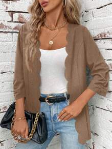 SHEIN Clasi Women's Solid Color Pleated 3/4 Sleeve Open Front Casual Jacket With Shell Trim In Fall/Winter - Camel - View 6