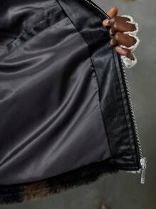 NEON BLANC Men's Street Style Fuzzy Leather Sleeve Long Jacket, Suitable For Autumn/Winter