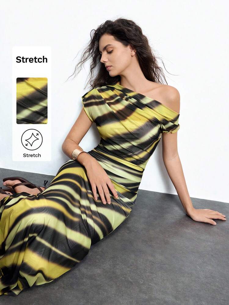 SHEIN Maija Women's Green Asymmetric Neck Ruched Striped Print Midi Dress, Elegant Fashion Minimalist Suitable For Holiday & Party