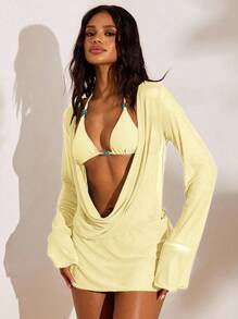 Opulessa Plain Beige Women Bikini Set With Knot Detail And Short Draped Cover-Up, Plain Beige Bikini Set With Long Sleeve, Drape Cover-Up And Short Length Style Yellow Cover Up, Elegant Vacation Outfits, Summer Beach Outfits, Sexy Club Outfits, Halloween, Christmas , New Year, Thanksgiving Outfits - Beige - View 4