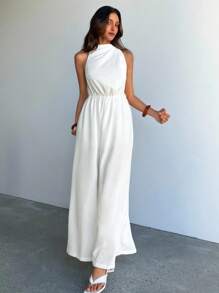 Aloruh Women's Pleated Sleeveless Wide Leg White Linen Jumpsuit - White - View 5