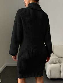 EURMUSE Women's Simple Solid Color Textured Knit Turtleneck Drop Shoulder Sweater Dress,Petite - Black - View 2