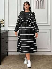 EURMUSE Striped Pattern Raglan Sleeve Sweater Dress Without Belt - Black and White - View 4