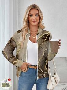 EMERY ROSE Women's Casual Marble Print Long Sleeve Zipper Front Baseball Jacket, Suitable For Autumn/Winter - Multicolor - View 5
