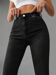 EURMUSE 98%Cotton Slim Fit Slant Pocket Casual Flared Jeans - Black - View 4