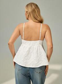 Auralis 大码女装春夏时尚休闲优雅舒适日常白色纹理面料吊带娃娃衫，荷叶边上衣，可爱上衣，外出上衣，欧式夏季，早午餐，波西米亚风 - 白色 - 查看 2