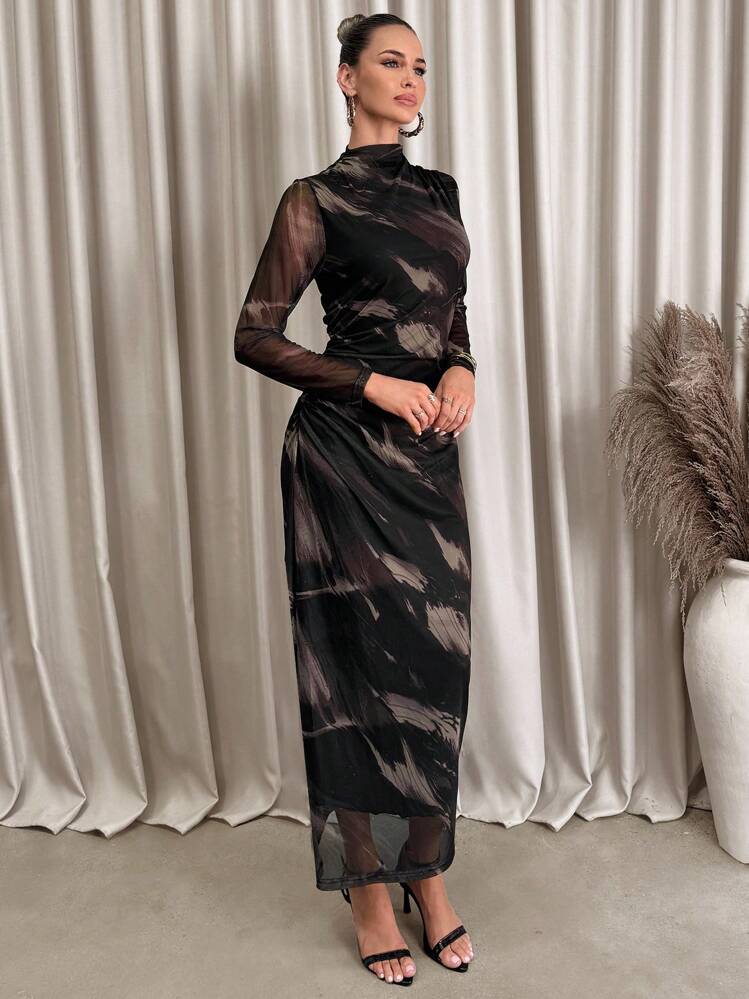 Lavishia Black & Coffee Abstract Print Long Sleeve Fitted Dress For Women Turtle Neck Long Sleeve - Black - View 6