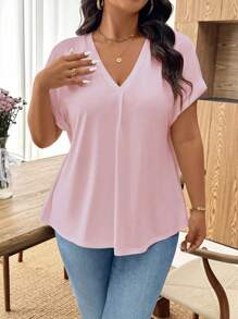 SHEIN Clasi Áo thun nữ tay ngắn xếp ly cổ chữ V màu trơn đơn giản cỡ lớn mặc đi chơi, đi làm, đi nghỉ, mùa hè - Bụi hồng - Xem 5
