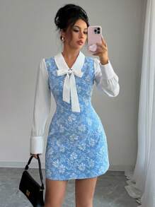 Elenzga Vestido elegante y romántico de 2 en 1 con decoración de lazo y bloques de color para mujer - Azul - Ver 1