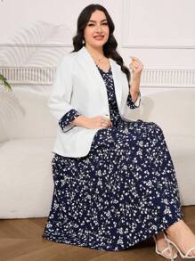 Reflora Plus Size Floral Patchwork Suit Jacket And Dress Set In Fall/Winter - Multicolor - View 4