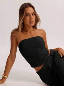 SHEIN BAE 女士纯色露背修身紧身胸衣上衣 - 黑色 - 查看 3