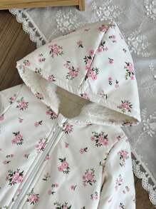 SHEIN Áo khoác trùm đầu lót lông dày dặn cho bé gái với họa tiết hoa dễ thương, áo khoác ngoài ấm áp thường ngày cho mùa thu/đông - trắng - Xem 6