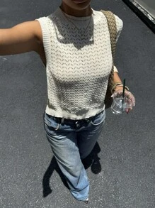 Siren Gaze 女士纯色圆领休闲针织背心，纹理针织背心，后系带针织背心，日常穿着，适合春夏秋季度假休闲装 - 杏色 - 查看 2