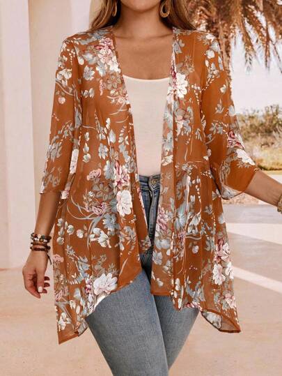EMERY ROSE Plus Size Elegant Asymmetrical Hem Front Open Lightweight Summer Jacket,Country Casual Vacation Outfits Woman,Simple And Fashionable For Everyday Wear,Summer Outfits For Women,Western Wear Women In Fall/Winter
