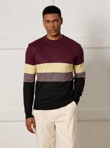 Manfinity Homme Men's Autumn Contrast Color Striped Pullover Knit Sweater - Red - View 5