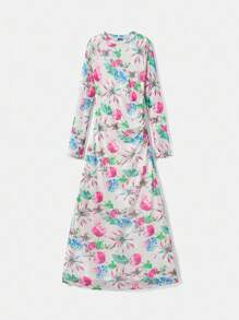 Maija 女式杏色花卉印花网眼连衣裙，优雅性感度假装，圆领，长袖，简约日常风格 - 粉色 - 查看 6