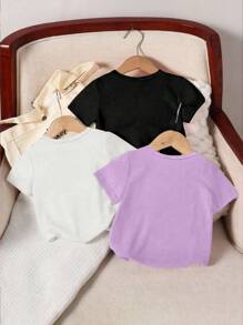 女婴休闲简约短袖圆领T恤，适合夏季 - 彩色 - 查看 2