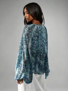 MISSGUIDED Balloon Sleeve Blouse Snake Python Print V Neck Boho Chic Long Sleeve Peasant Top Wide Flowing Empire Waist Pleated Fall Winter Fashion - Blue - View 2