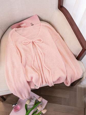 INAWLY Plus Size Women's Solid Color Long Sleeve Front Tie Loose Thin Cardigan Winter Fall Autumn