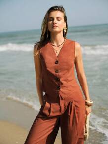 Maija 女士日常两件套服装 女士亚麻服装 夏季上衣和裤子 女士亚麻两件套 - 紅色 - 查看 4