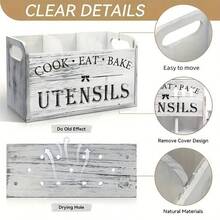 SHEIN Rustic Wooden Kitchen Utensil Holder | 1pc | Wood Material | 3-Compartment Storage Box, Countertop & Wall-Mounted Organizer | Kitchen Accessories For Cook, Eat, Bake Tools |