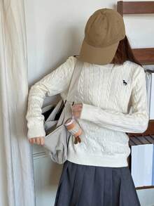 Hapijoa Suéter básico casual y suelto con cuello redondo y patrón bordado para adolescentes, otoño - Blanco - Ver 2