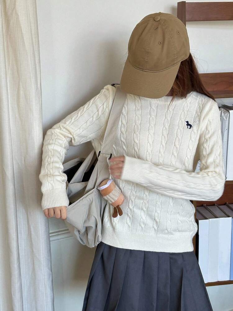 Teen Girl Loose Casual Basic Crew Neck Sweater With Embroidery Pattern, Autumn