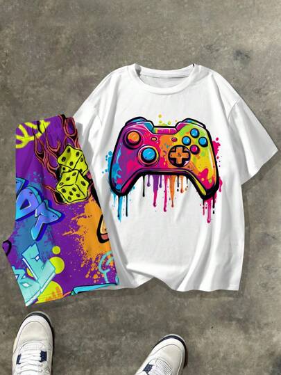 SHEIN Bolty Tween Boy Casual And Simple Gaming Console Patterned Short Sleeve T-Shirt And Shorts Set, Suitable For Summer
