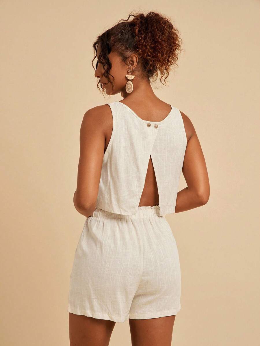 Travachic unicolor con abertura trasera Top tank & de cintura con volante Shorts - Caqui - Ver 1