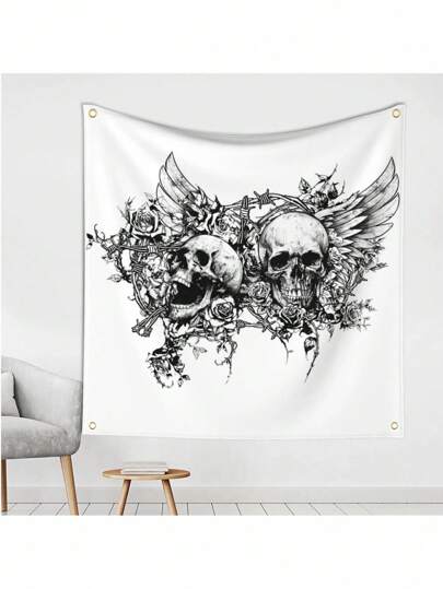 Goth 1pc Skull Graffiti-Style Decorative Tapestry, Made Of Beach Cloth, Suitable As A Wall Hanging Or Background Fabric For Home Decoration And Holiday Parties, Enhancing The Overall Atmosphere,Home ,Garden Decor