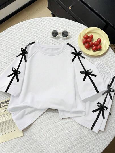 2 件女童休闲百搭日常运动可爱蝴蝶结装饰插肩袖宽松针织 T 恤和短裤套装