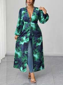 Elenzga Áo khoác dài tay cổ chữ V họa tiết hoa cỡ lớn thường ngày - màu xanh lá - Xem 3