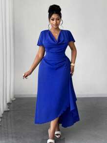 Maweii Plus-size gedrapeerde hals, korte mouwen, splitzoom, casual werkjurk