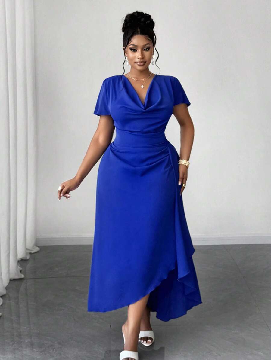 Maweii Plus-size gedrapeerde hals, korte mouwen, splitzoom, casual werkjurk