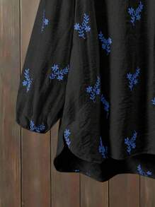 Lacomfia 女士休闲刺绣圆领半开襟宽松衬衫，白色 - 黑色 - 查看 3