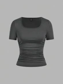 SHEIN EZwear 4件套休闲简约纯色圆领短袖T恤女款，黑色、深灰色、碎花灰色、白色，适合春夏季 - 彩色 - 查看 7