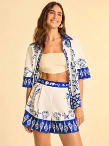 CAJUNI Women's Vacation Blue & White Ocean Elements Printed Elastic Waist, Arc Hem Side Slit, Beach Shorts, Summer,Beach Vacation Outfits - Multicolor - View 7