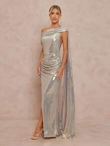 Lumalex Robe asymétrique à épaules dénudées, froncée, à ceinture, avec fente haute, métallique et brillante, avec dos nu pour femmes