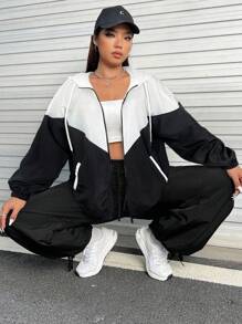 SHEIN EZwear 大码女式撞色拉链抽绳连帽休闲夹克 - 彩色 - 查看 5