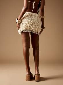 MISSGUIDED Saia Curta com Franjas em Laço, Texturizada, Boêmia, Camadas, Fio Macio, Casual, Dança, Férias, Praia, Festival, Festa, Clube - Damasco - Visão 2