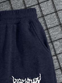 SHEIN Cottnline Cotton Men Letter Graphic Grey Drawstring Waist Sweatpants - Navy Blue - View 3